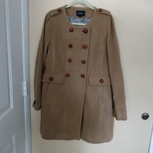 Lands End collarless wool cashmere blend camel long pea coat 14 Classic Office